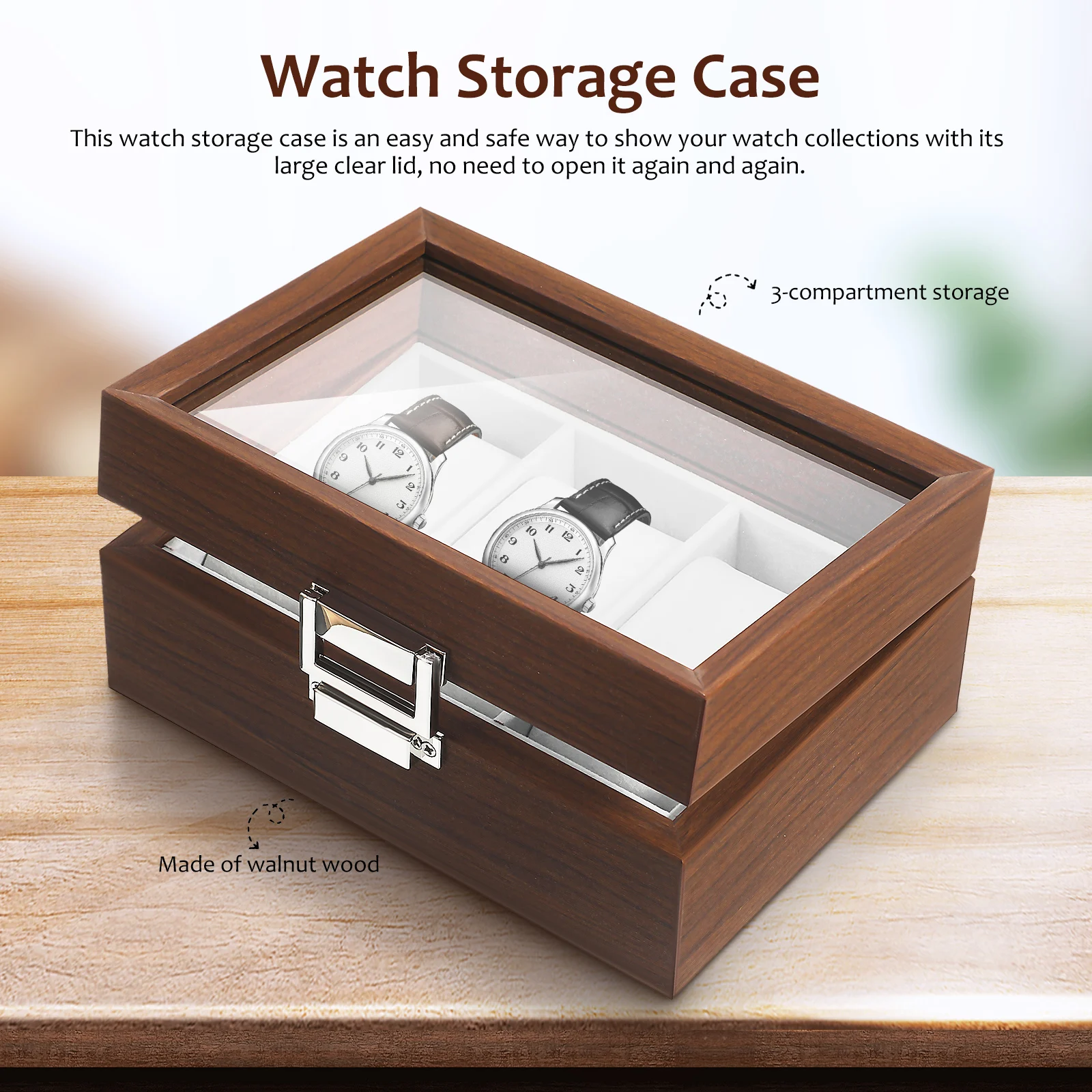 

3 Pieces Watch Storage Box Walnut Wood Pattern Velvet Lining Display Case for Men Watches Jewelry Travel Desktop Gift