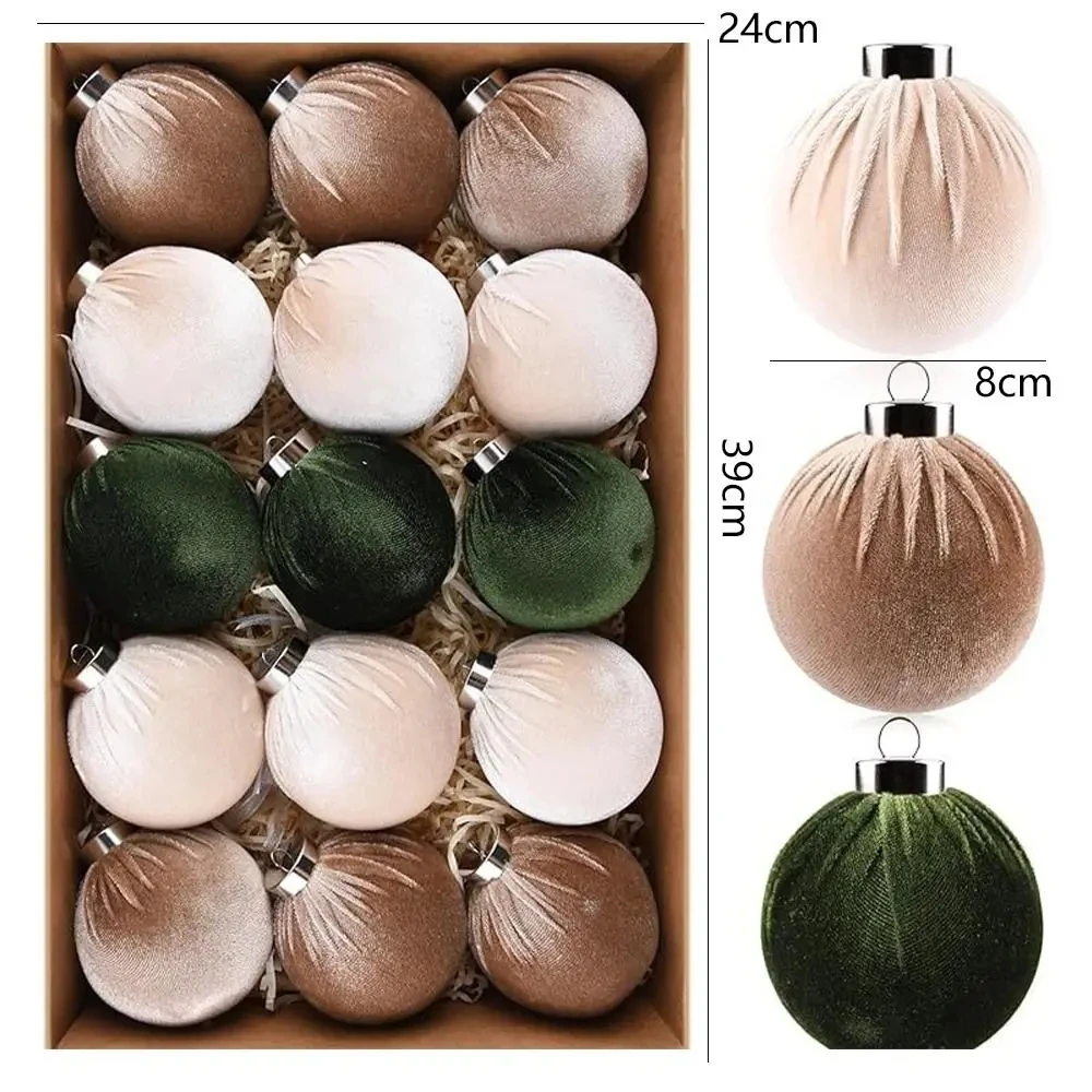 15pcs/set Velvet Christmas Ball Pendant 8cm Christmas Tree Decoration Ball Set With Gift Box 2025 New Year Xmas Decorative Balls