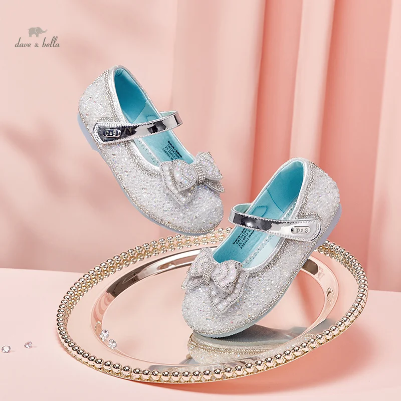 Dave Bella Girls' Princess Shoes Fashion Colorful Rhinestone Leather Shoes 2024 Spring Children's Girls' Silvery Shoes DB1247909