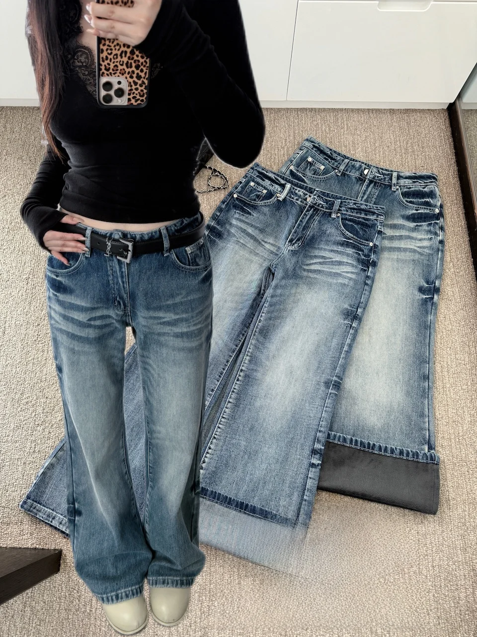 

Джинсы с широкими штанинами для похудения, повседневные женские джинсовые брюки, удобные, со средней эластичностью, свободная талия, универсальные, зимняя коллекция