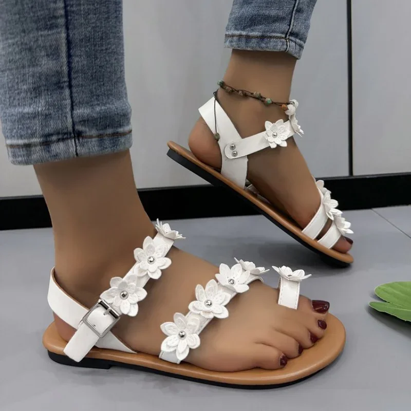 Sandal bunga wanita, Kasut datar musim panas baru, anyaman desain pita terbuka kasual anti Slip