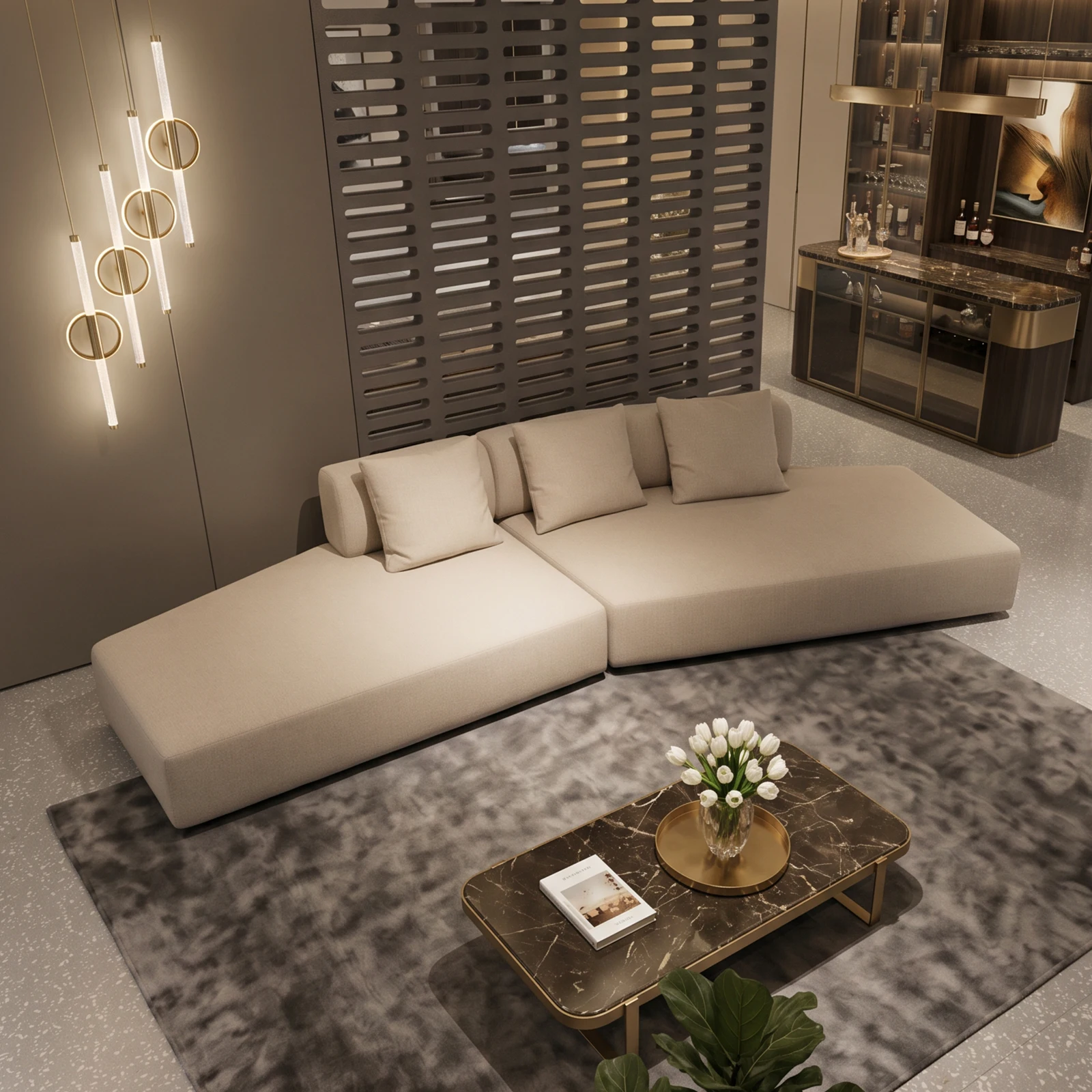 #Modern Curved Modular Sofa in Natural Cotton-Linen Fabric, Large Upholstered Modular Sofa, Living Room Sofa