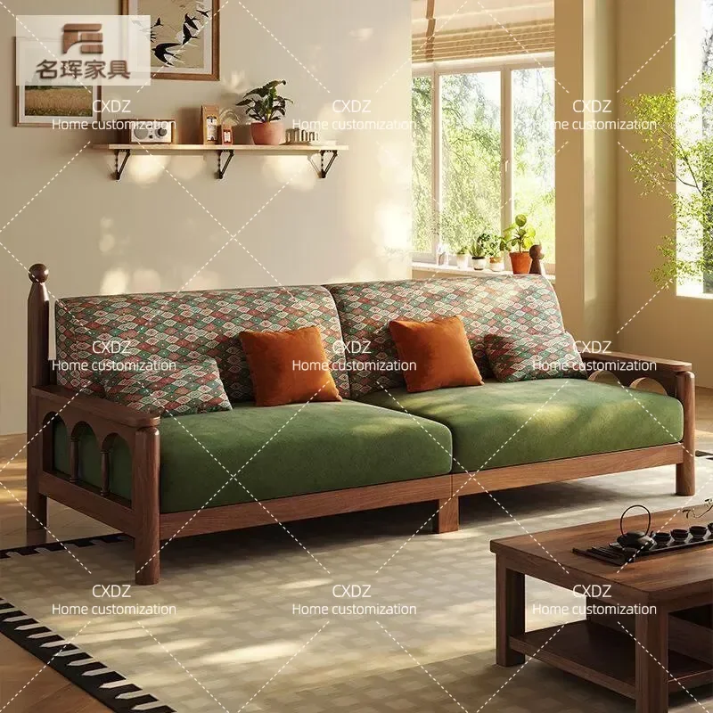 New Chinese Style Solid Wood Sofa Black Walnut Medieval Modern Minimalist High End Living Room Fabric Straight Row Couch
