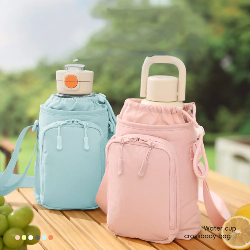 Simple Solid Color Crossbody Water Bottle Bag Portable Cup Sleeve with Zipper Phone Pocket Card Holder Lightweight Outdoor Bag