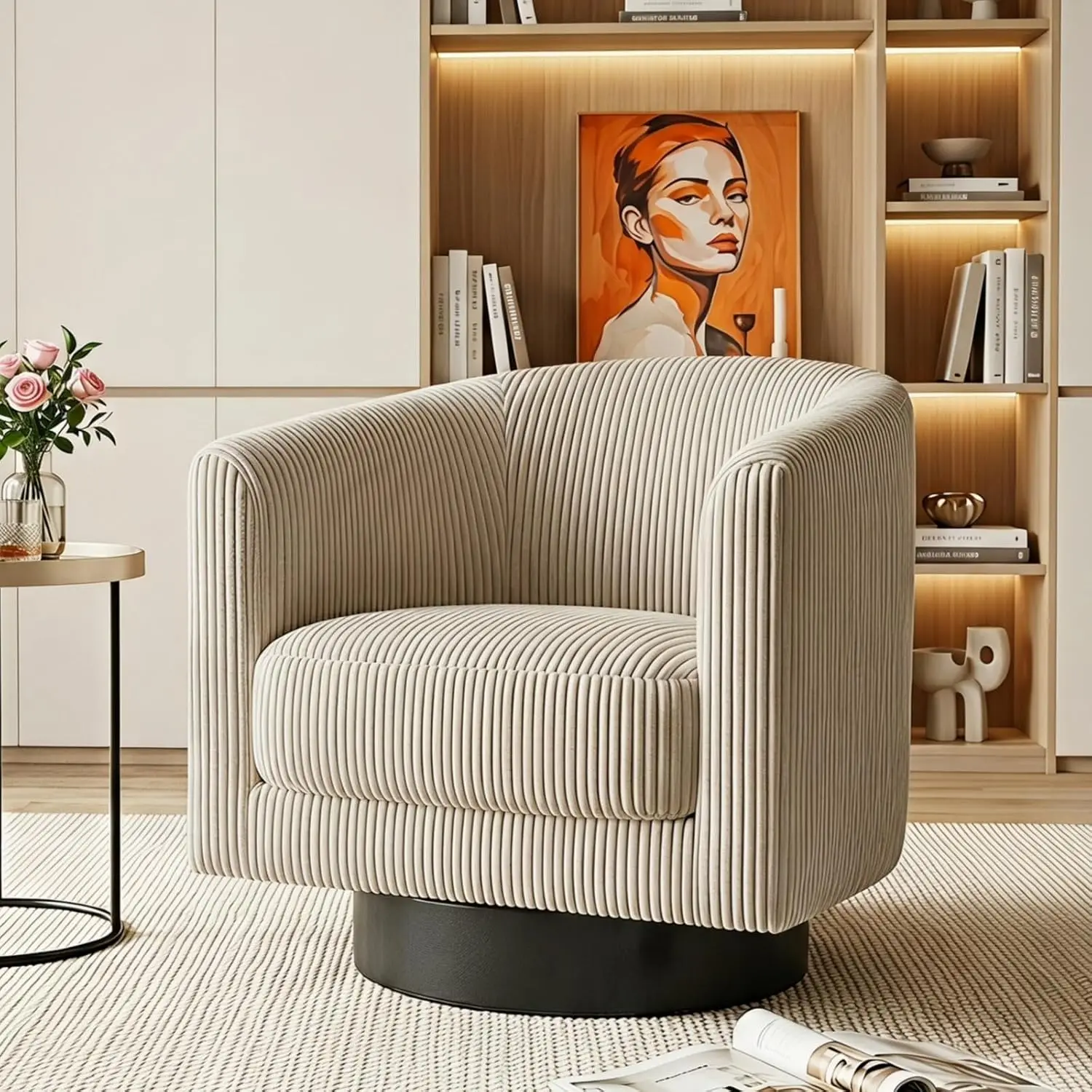 Swivel Barrel Accent Chair, 360° Upholstered Corduroy Armchair, Comfy Single Sofa for Living Room Bedroom, Camel, Customized