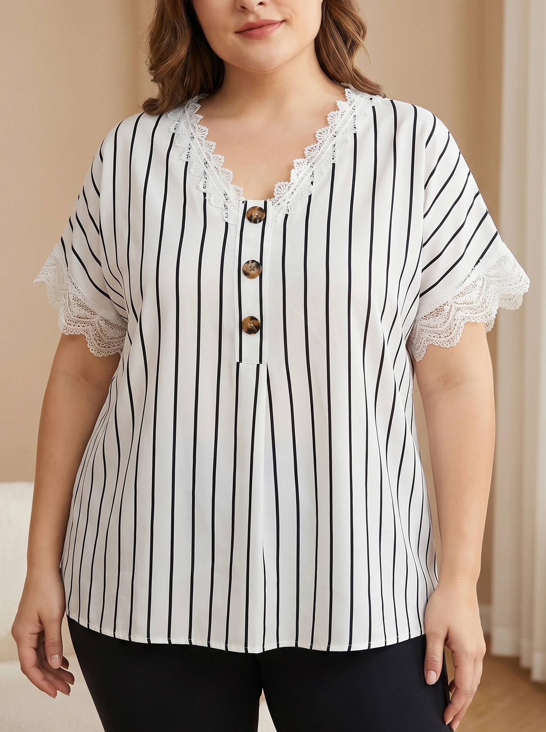

Rosa fera Plus Size Women’s Striped Lace Trim Short Sleeve Blouse Casual Loose Fit Top