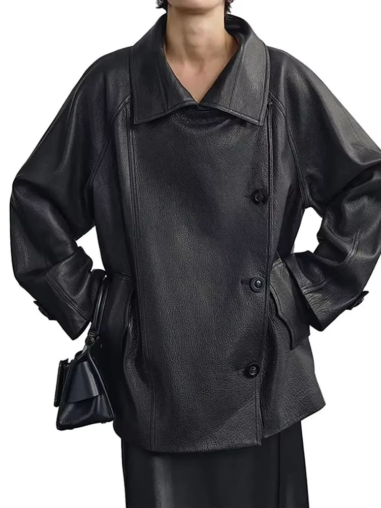 Mauroicardi 봄 가을 브라운 오버 사이즈 부드러운 가짜 가죽 자켓 여성 더블 브레스트 우아한 세련된 럭셔리 디자이너 의류