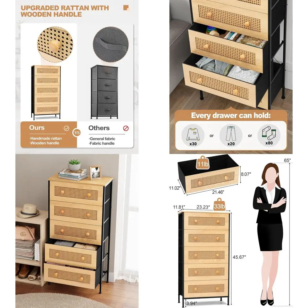 

Natural Tall Fabric Storage Tower with 5 Drawers - Versatile Organizer for Bedroom, Hallway, Entryway, and Closets