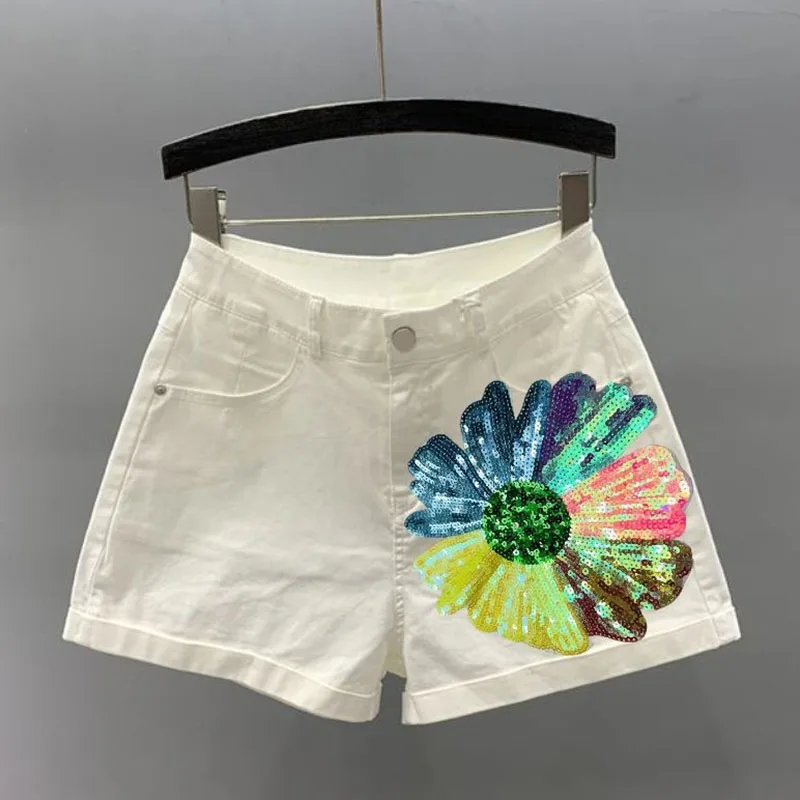 

Ladies Spring Summer New Heavy Denim Stretch Slim Shorts High Waist Loose Joker Embroidered Button Zipper Unique Denim Shorts