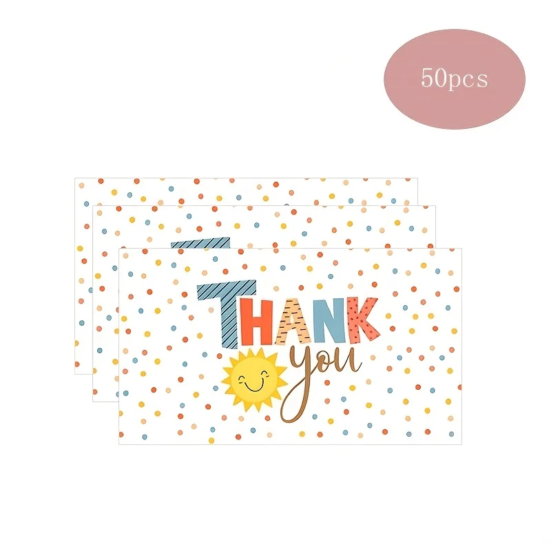 50pcs Cute Sun Wave Dot Design Thank You Card, featuring a childlike smiley face sun and colorful wave dot design