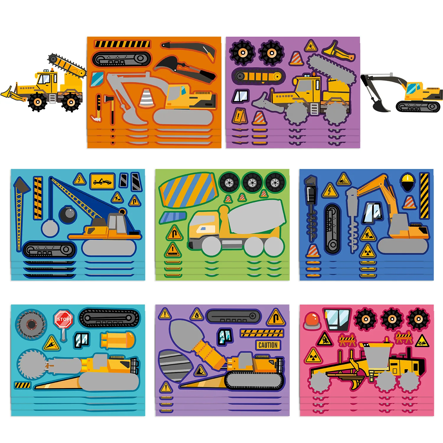 8 PCS Engineering Truck DIY Puzzle Stickers for Kids Build-A-Face Games Creative STEM Learning Toys Educational Safe Reusable