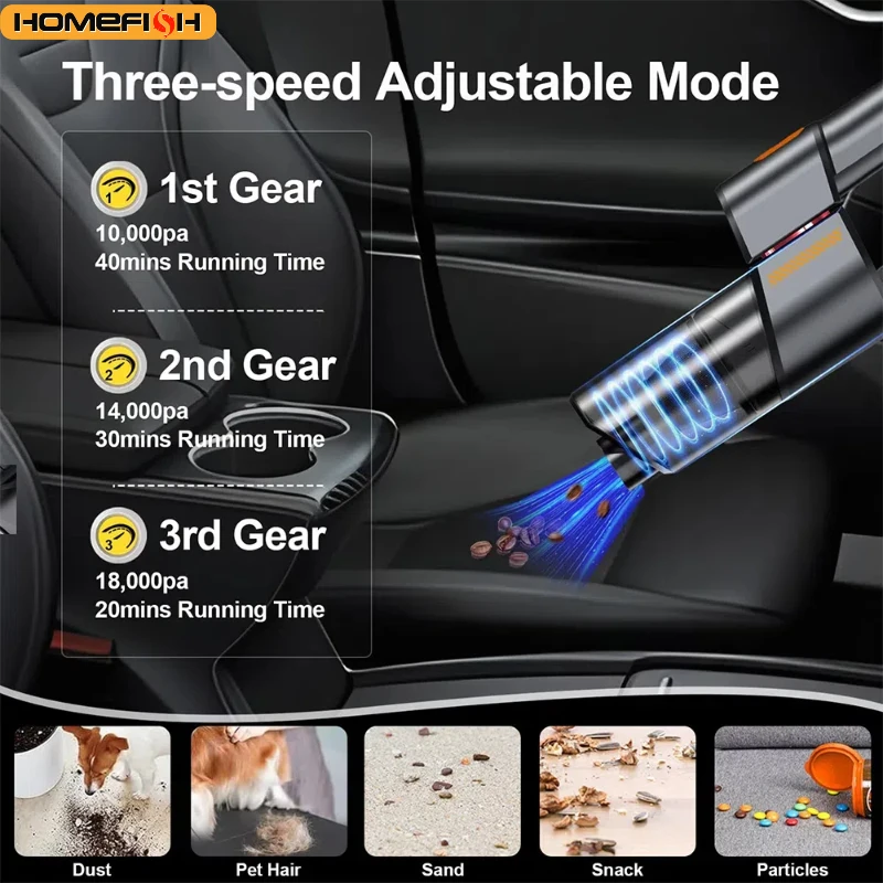 18000PA High Power Handheld Car Vacuum Cleaner Cordless with LED Light 8 in 1 Portable Vacuum 3 Speeds 180°Foldable 2H Fast Char