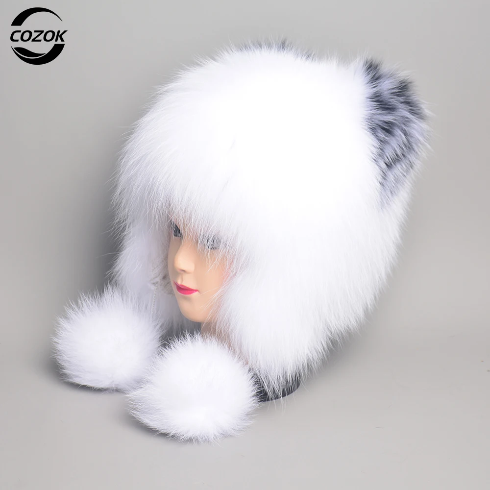 Winter Hat Woman Warm Cat Ushanka Balaclava Russian Fox Fur Trapper Women Bomber Hats Luxury Furry Snow Cap Earflap Fox Fur Hat