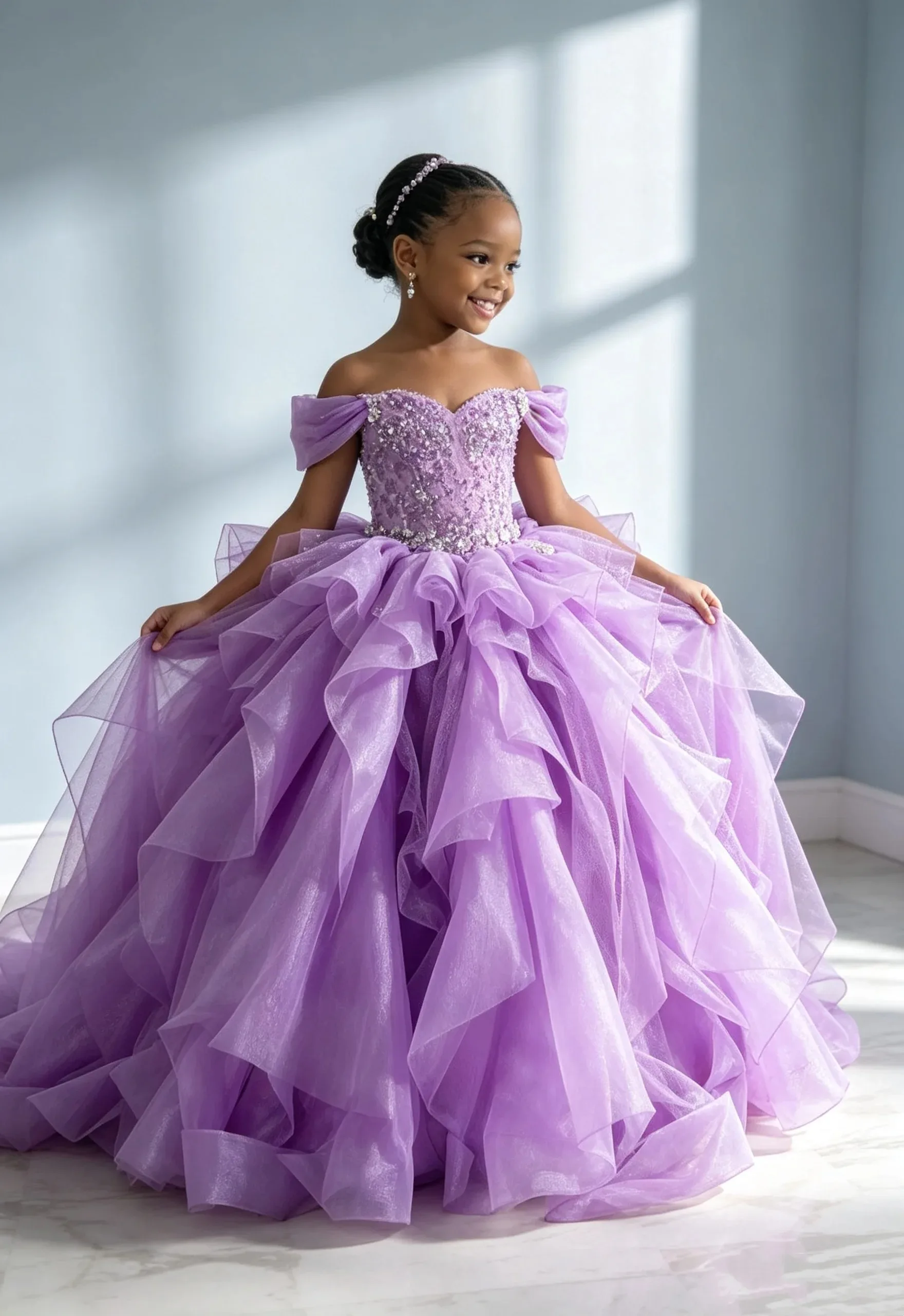 Purple Flower Girl Dress For Wedding Sweetheart Neck Ruffles Floor Length Girl Birthday Party First Communion Gown Customized