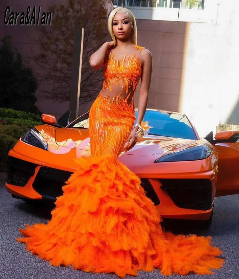 Cara&Alan Orange Mermaid Prom Dresses 2023 Sequin Feathers Evening Gowns Long African Women Robes De Bal Party Outfit