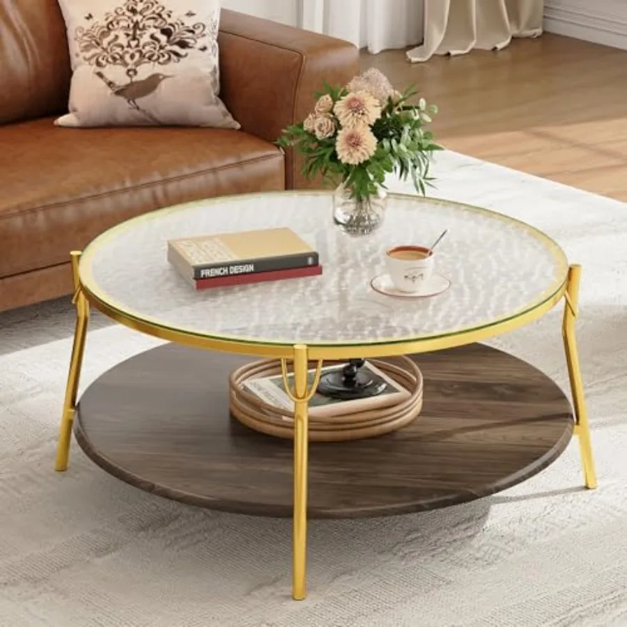 

Modern 29.9" Round Walnut 2-Tiered Coffee Table with Glass Top and Gold Base for Living Room Gold+Walnut