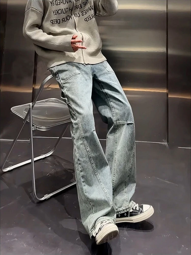 

Light Blue Men's Straight Leg Jeans with Belt Bule Wooutting Sle High Street Vibe Waed Denim Casual Trousers for Men