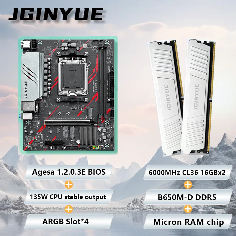 

JGINYUE AM5 MOBO B650M-D 16GBx2 RAM Kit Motherboard M-ATX For 8500G 7600X 7700 8400F 9600X 9700F 9600X3D PCIe4.0 ARGB Bundle