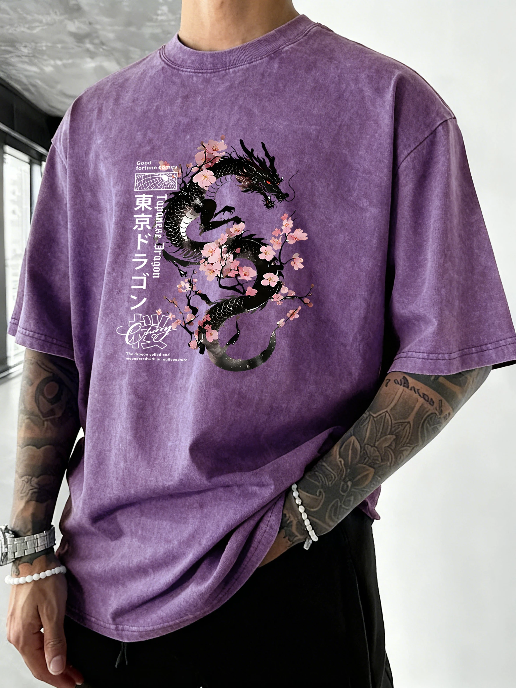 Japanese Tokyo Sword Cherry Blossom Pattern Washed T Shirts Men Summer Cool T-Shirt Loose Gym Tops Casual Cotton Short Sleeve