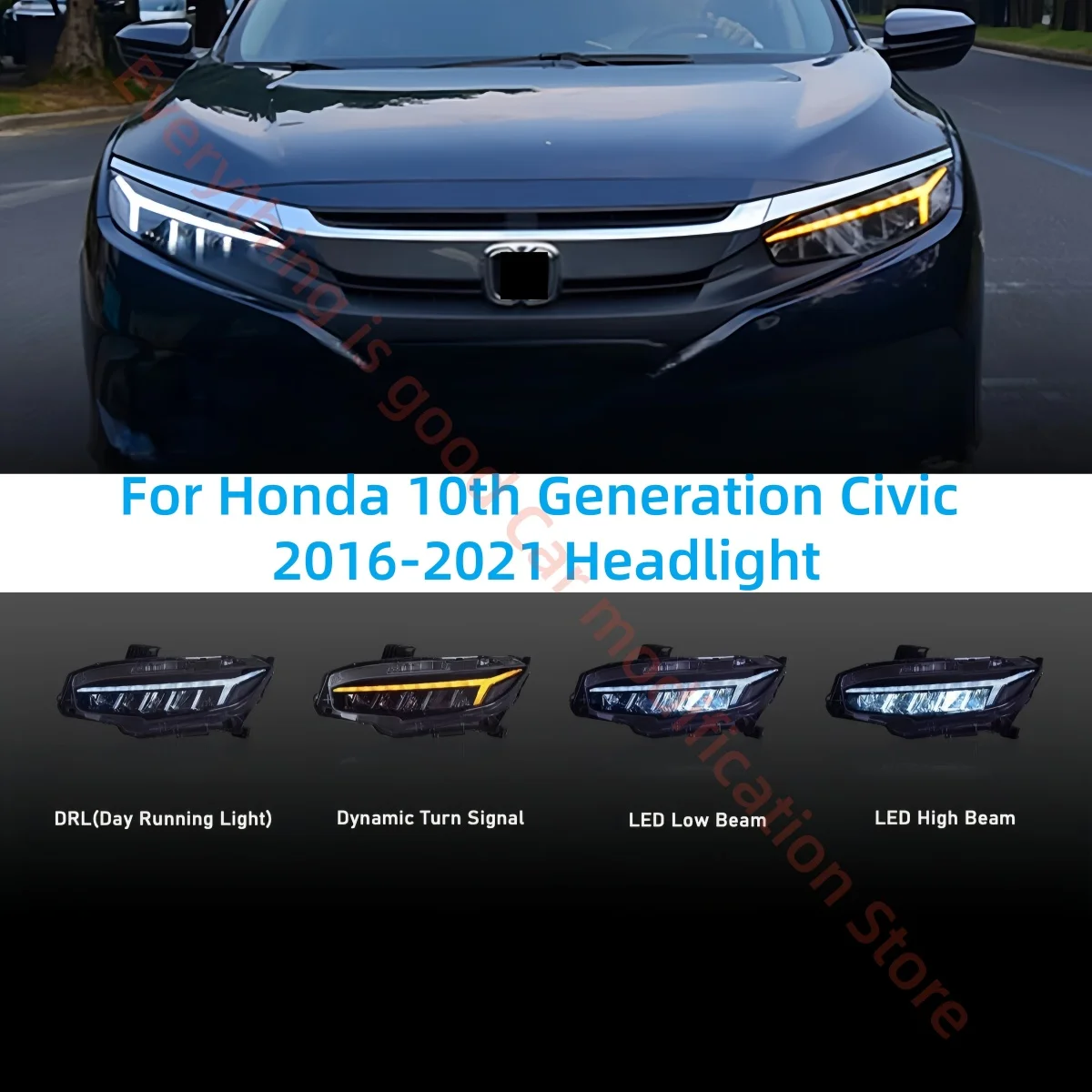 

Фара в сборе для Honda Civic X (2016-2021), модификация в стиле «Драконье крыло», светодиодный источник света, дневные ходовые огни, указатель поворота