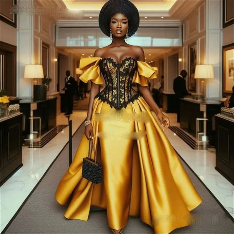 Amazing Gold Prom Dresses With Overskirt Aso Ebi Lace African Evening Dress Sweetheart Elegant Satin Formal Gowns Luxury