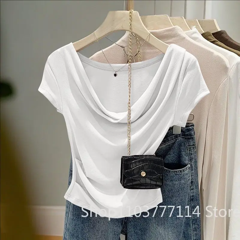 Neues Sommer-Damen-Design: Lässiges, einfarbiges Top mit schmaler Passform, unregelmäßigem Schnitt, vielseitigem Kurzarm-T-Shirt im koreanischen Nischen-Stil – Detail 2