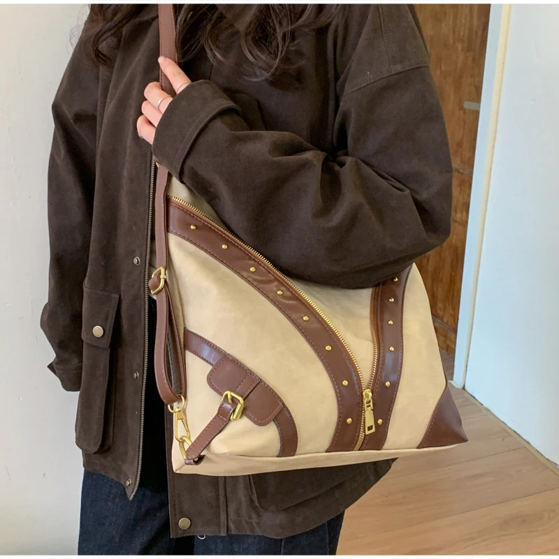 Vintage-Rucksack, Damen-Tragetasche, Retro-Spleiß-Hobo-Umhängetasche, lässige Alltags-Einkaufstasche mit Nieten-Dekor – Detail 19