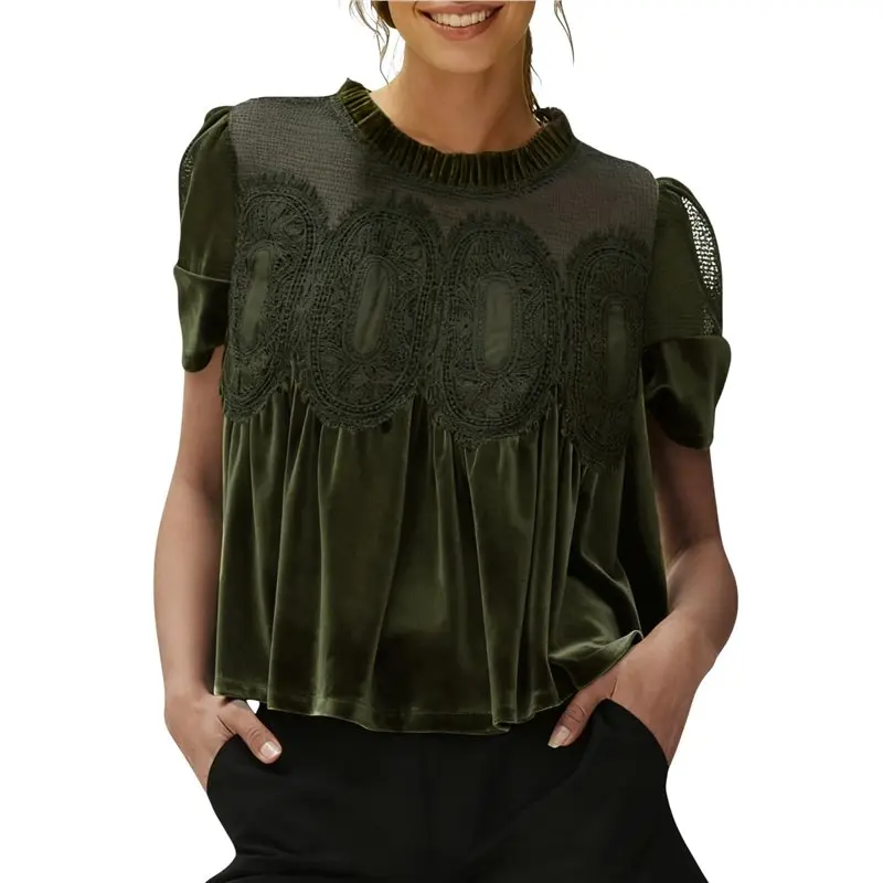 

CYL-Women's Velvet Lace Blouse Casual Round Neck Short Sleeve Flared Swing Top Elegant Loose Blouse