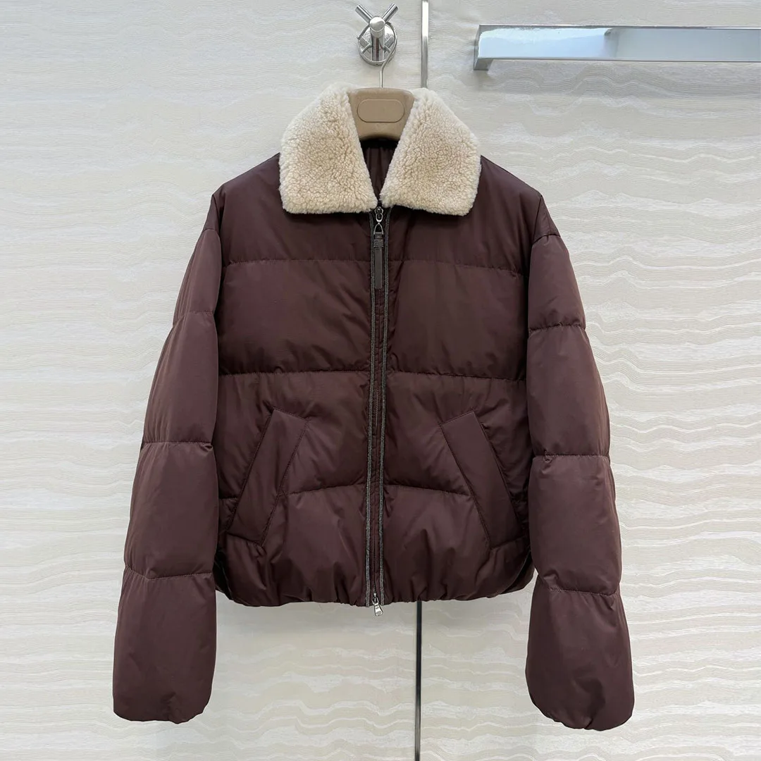 Nieuwe Winter Lamswol Revers Lange Mouw Losse Witte Ganzendons Jas Vrouwen Rits Casual Oude Geld Stijl Leuke Warme Jas