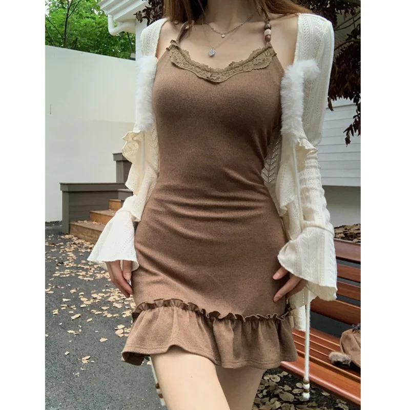 Vintage Y2k 2 Piece Set Woman Spicy Girl Sexy Sleeveless Mini Dress And Long Sleeve Knitted Ruffle Cardigan Fashion Lady Suits