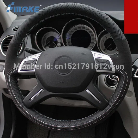 For Benz C200 2013 High Quality Hand-stitched Anti-Slip Black Leather Black Suede White Thread DIY Steering Wheel Cover