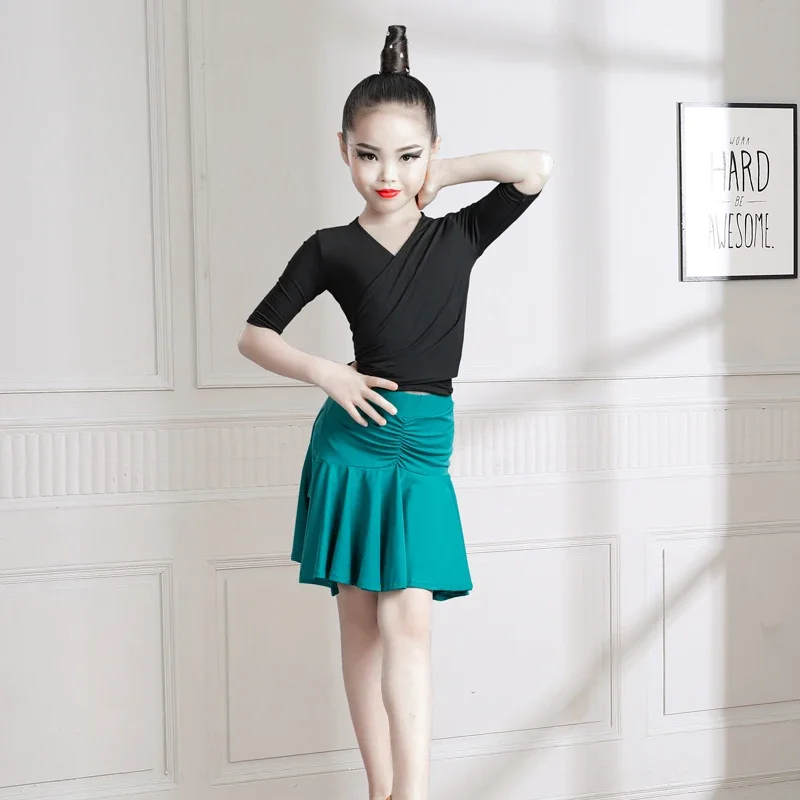 Kids Dresses for Girls Latin Dance Dress Short Sleeve Ballroom Competition Practice Solid Tango Stage Performance Costumes