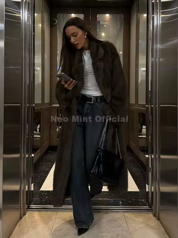 Neo Mint 2024 Winter Warm Fluffy Gradient Eco Fur Jacket Women Luxury Long Faux Fox Fur Coat Street Furry Outerwear Overcoat - Image 2