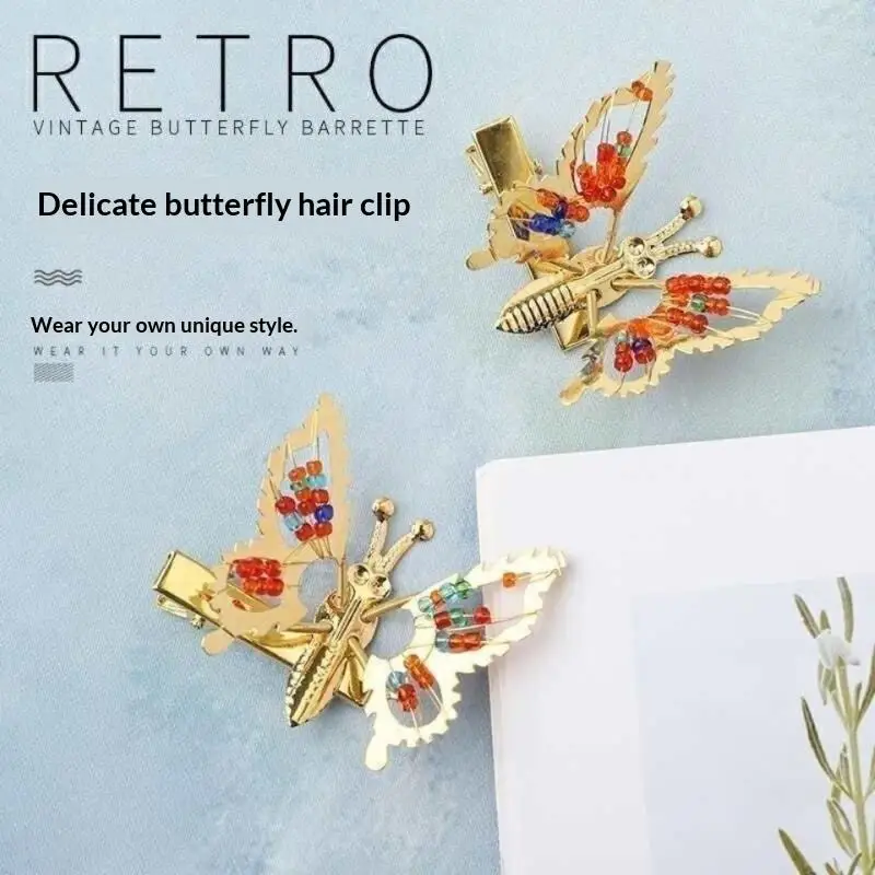 2 Stück Modische Metallfarbene Perlen Hohle Schmetterlings-Haarnadeln für Frauen und Mädchen Haarschmuck Clip Haarspange Haaraccessoires – Detail 11