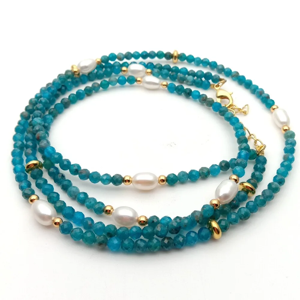 

white rice freshwater Pearl Natural Blue Kyanite 2strands statement Necklace