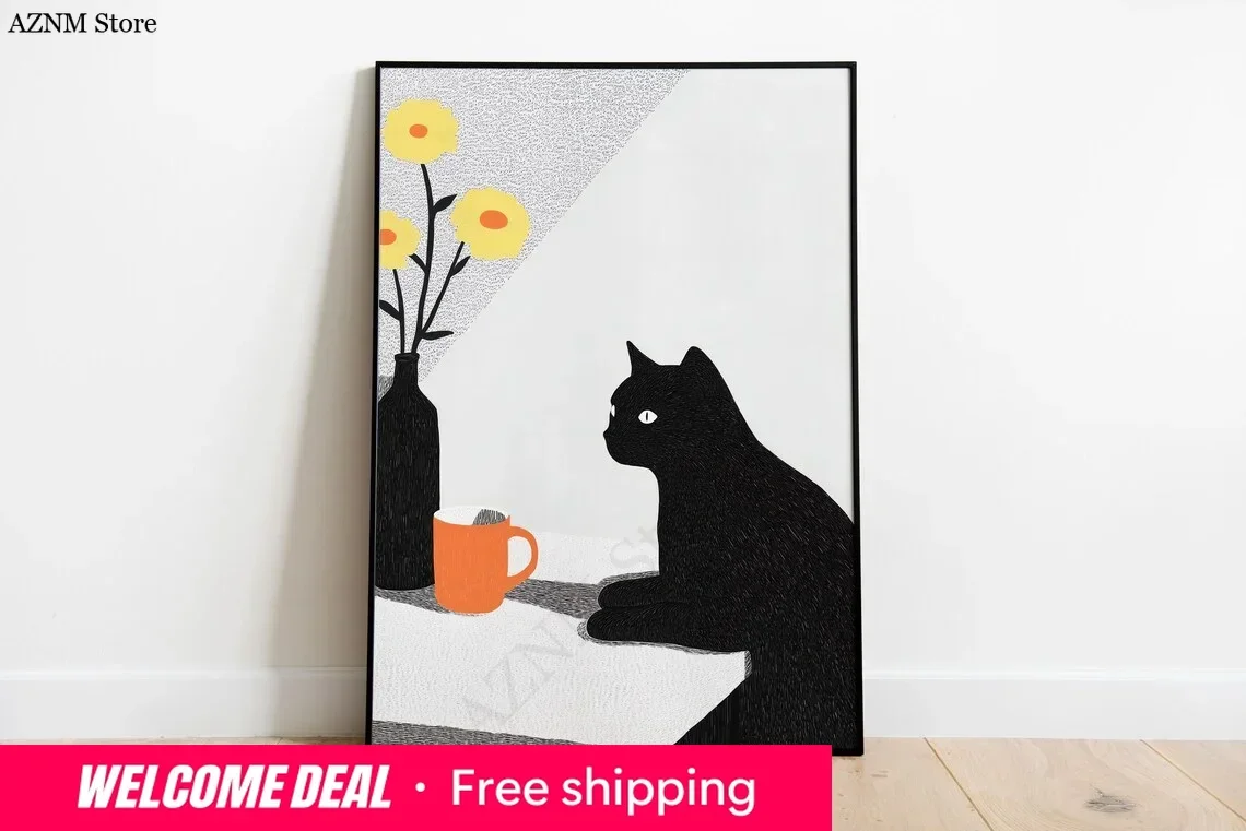 Table Still Life Wall Decor Print - Perfect Gift for Cat Owners, Scandinavian Home Stylists, or anyone furnishing neutral mod