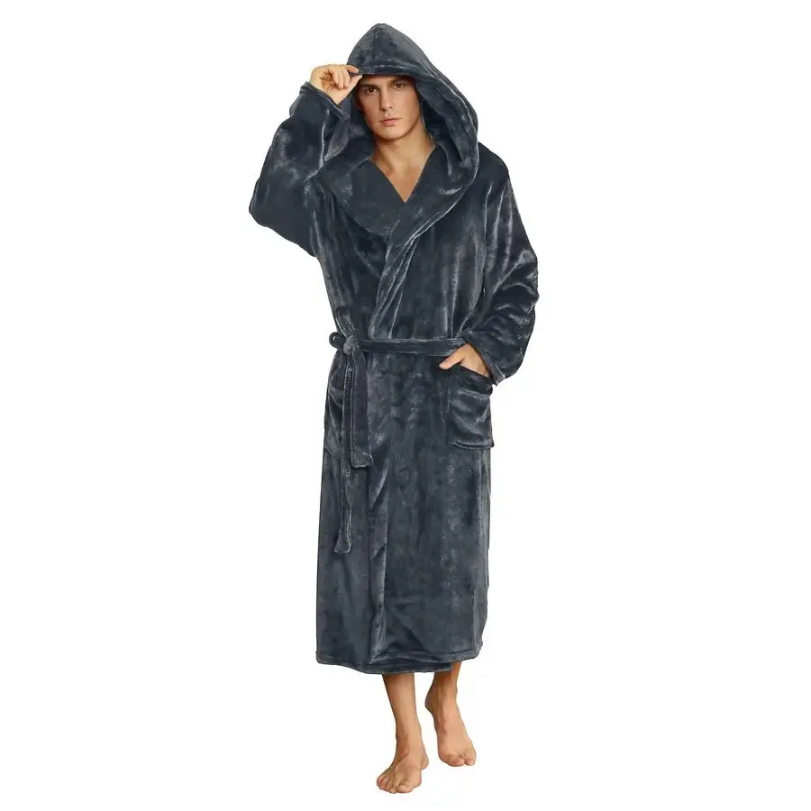 

Hooded Robe, Plush Robes for Men Long Fleece Bathrobe