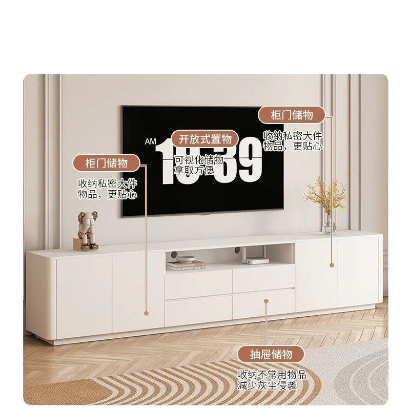 Cream wind solid wood floor-to-ceiling TV cabinet, living room household small apartment coffee table high double-layer widened