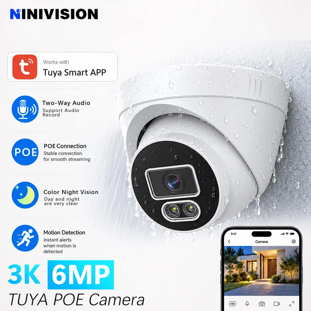 6MP Tuya PoE Camera 3K Outdoor IP Security Dome Camera Smart Motion Detection Color Night Vision Two Way Audio Remote Monitor