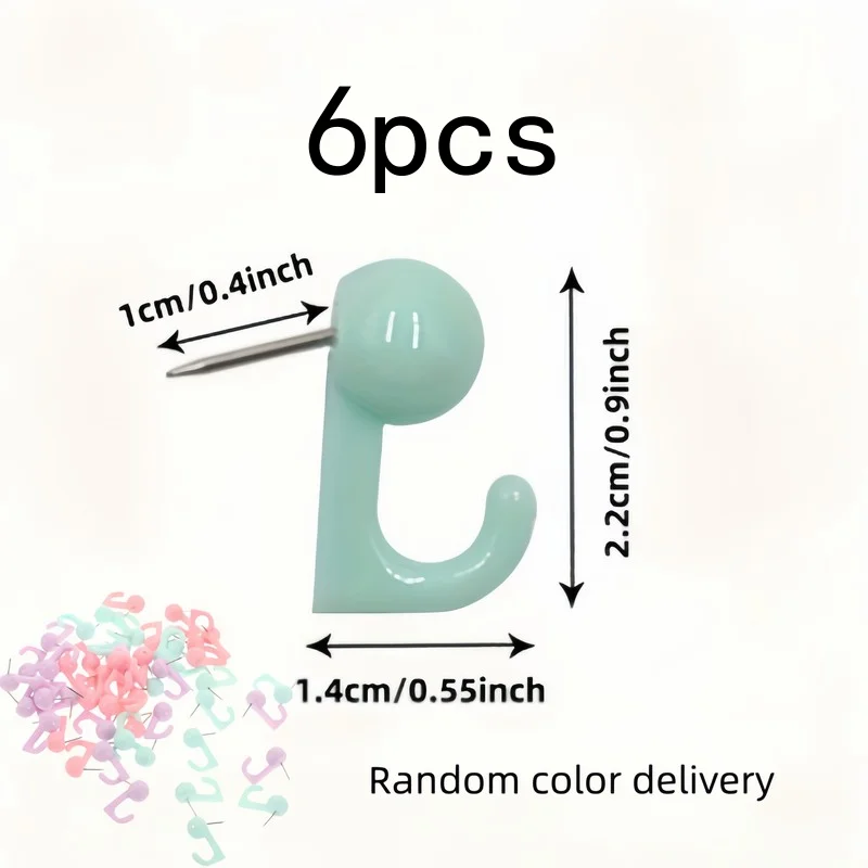 6 pcs Random Color Push Pin Hooks, Sturdy and Easy to Install, for Photo Walls, Corkboards and Calendars