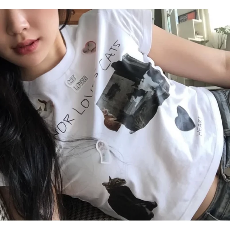 夏クリエイティブ子猫愛プリント半袖ミニショートスタイル痩身トップ多用途 Tシャツ