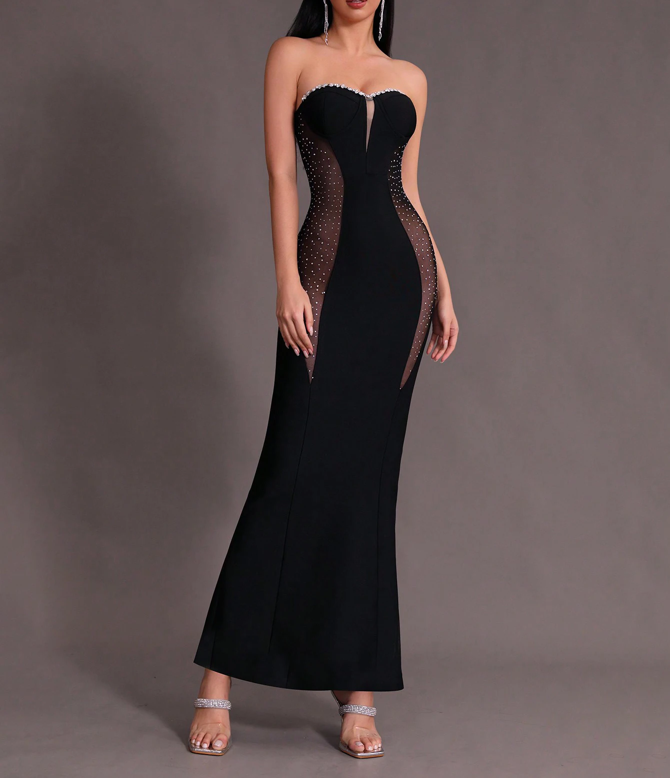 Ailigou Summer New Women's Black Luxury Diamond Mesh Spliced Strapless Maxi Bandage Dress Elegant Celebrity Party Evening Dress