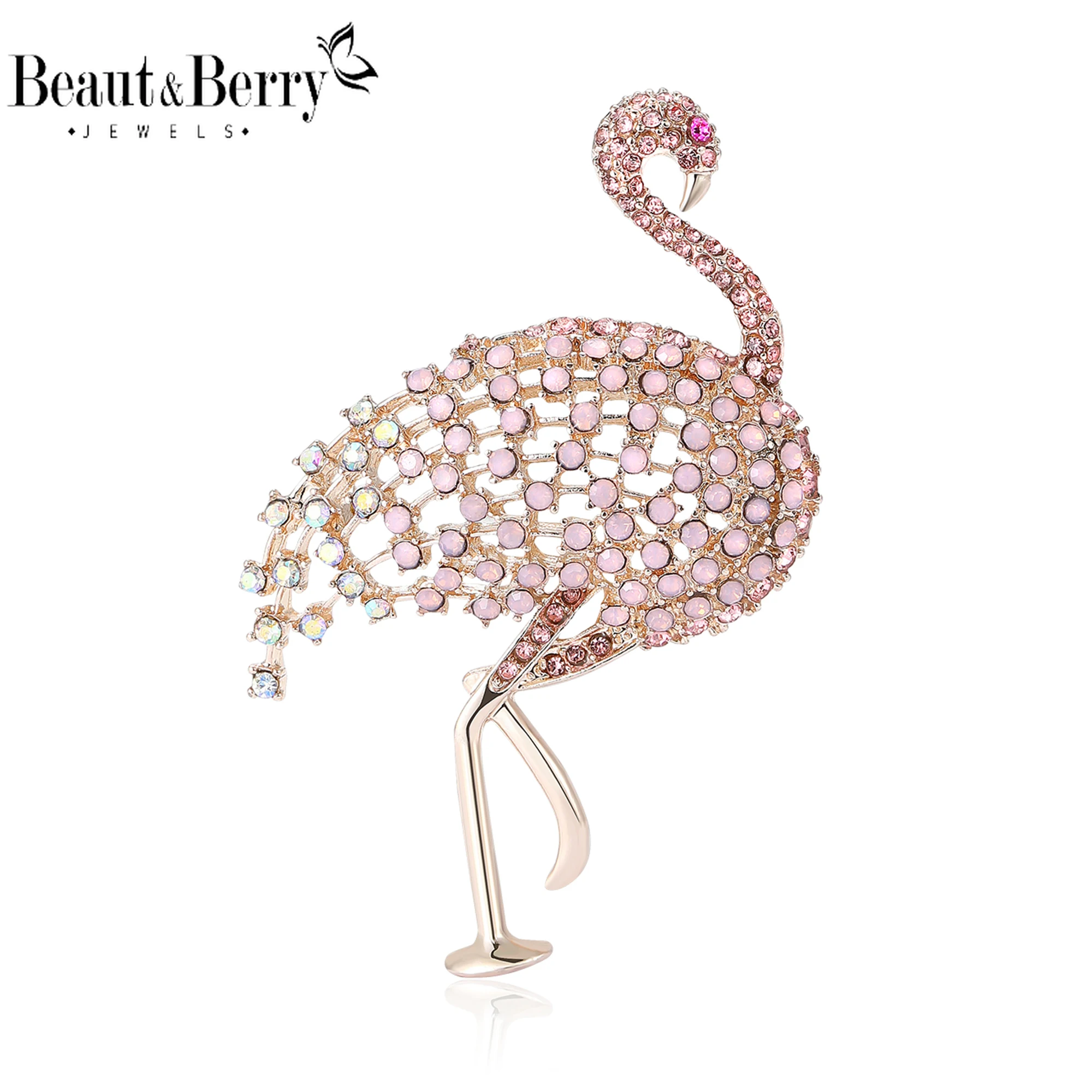 Beaut&Berry Luxury Openwork Rhinestone Flamingo Brooches for Women Bird Animal Pins Friends Party Gift Jewellery Accessories