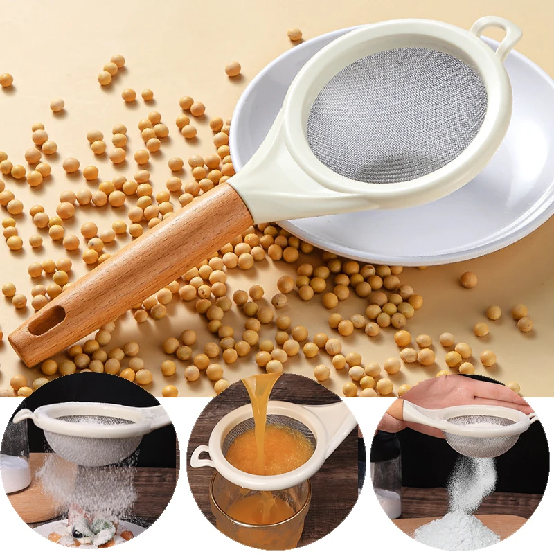 Fine Mesh Flour Sieve Fruit Dreg Screening Sifter Powdered Sugar Filter Net Stainless Steel Strainer Wood Handle Kitchen Gadgets