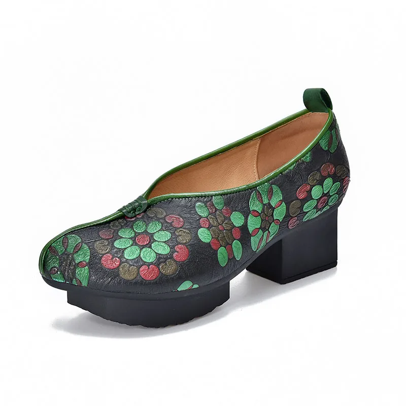 2025年ヘッドレイヤー牛革プリント新中国風粗ヒールレディースシューズエスニック風レトロシングルシューズ