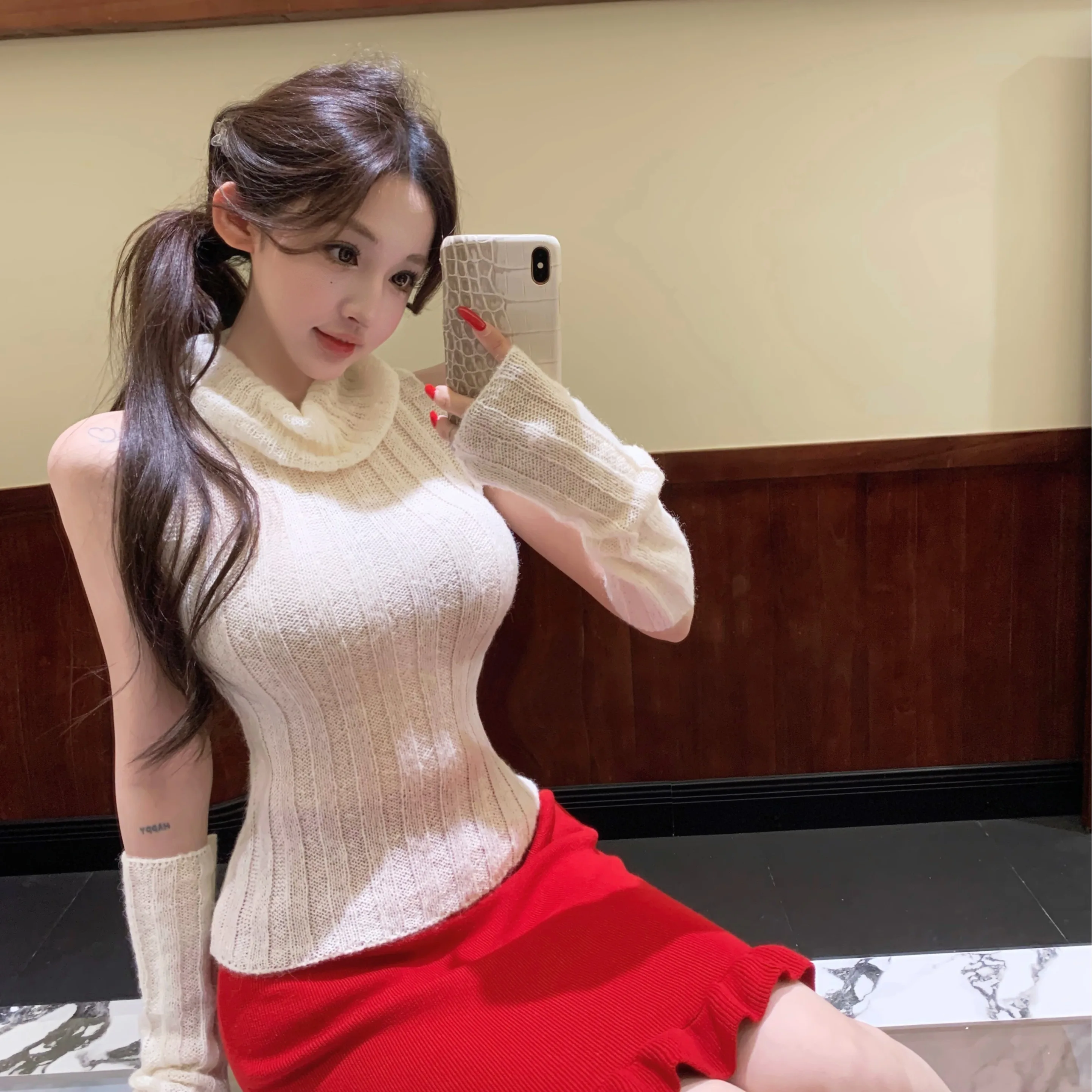 Модный вязаный повседневный красный топ с утягивающей талией и осенне-зимний комплект для женщин, свитер с высоким воротником