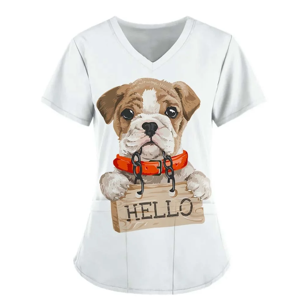 2025 Summer Women's Top Cute Cartoon Animal Dog 3D Print V-Neck T-shirt Casual Daily Nurse Uniform Style Fashion Short Sleeve