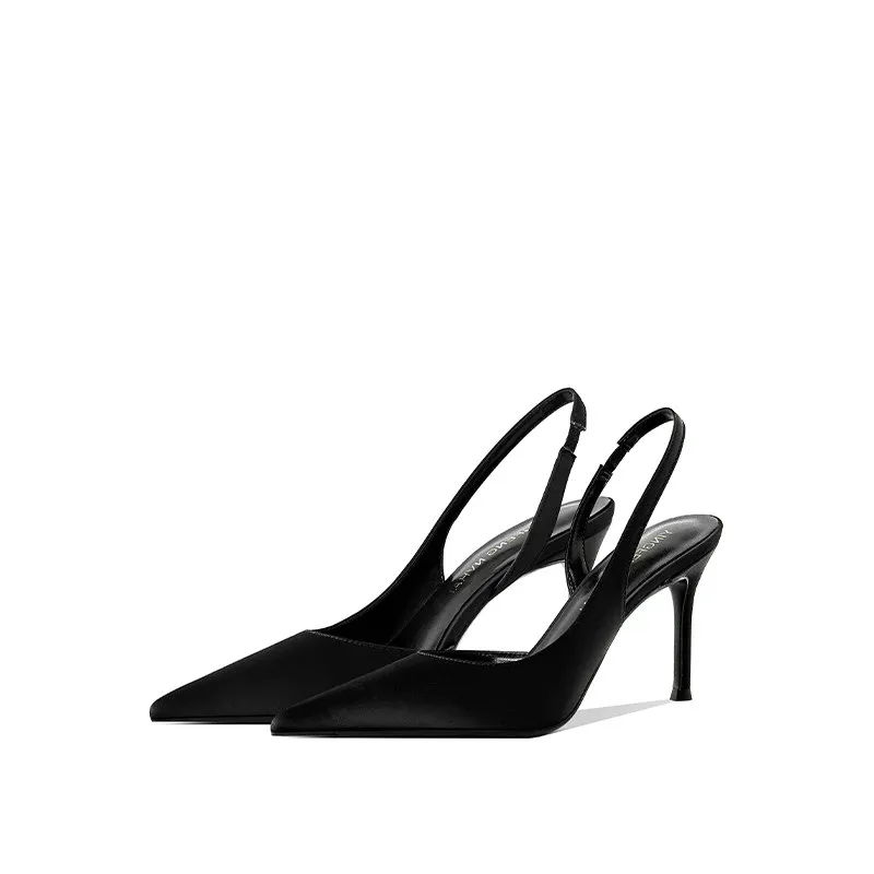 

Satin French High Heels Black Temperament Baotou Sandals Women's Summer 2025 New High Heels Pointed Back Empty Single Shoes