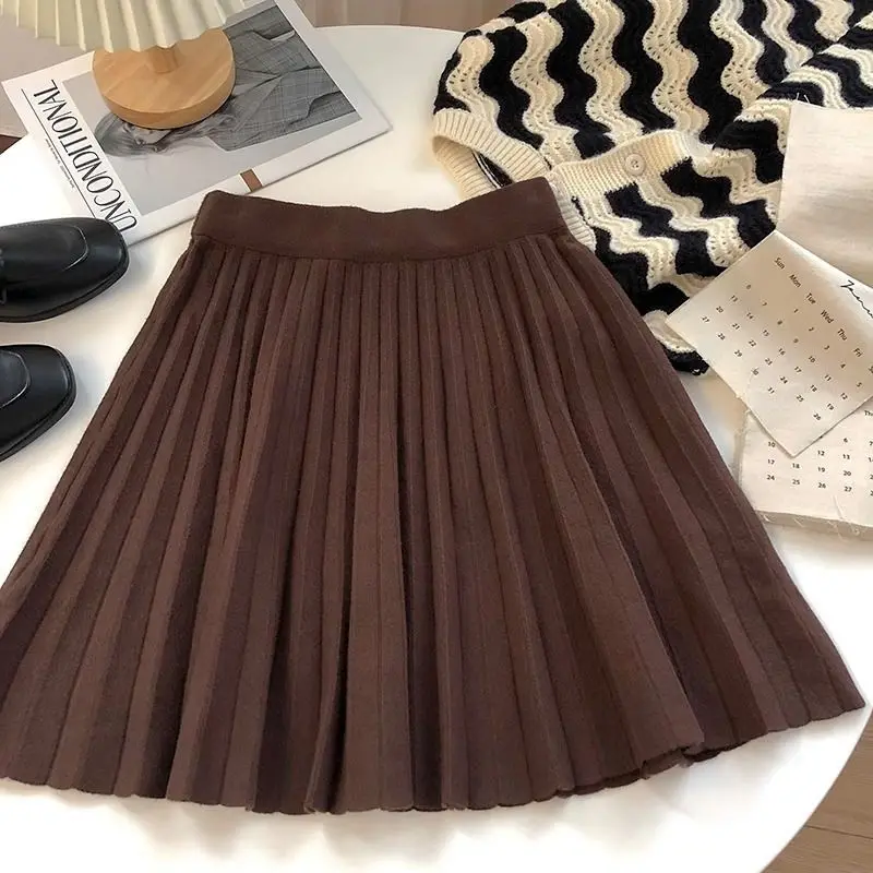 High Waist Mini Skirt Women Knitting Pleated A-line Thicken Loose Korean-style Hotsweet Girls Gentle Elegant Chic Leisure Solid