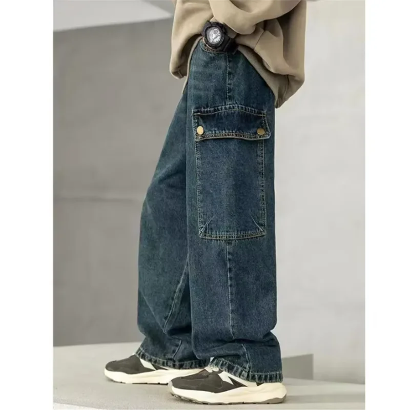 

Весенне-осенние новые детские джинсовые брюки для мальчиков и девочек, повседневные и универсальные широкие джинсы, прямые брюки для больших детей